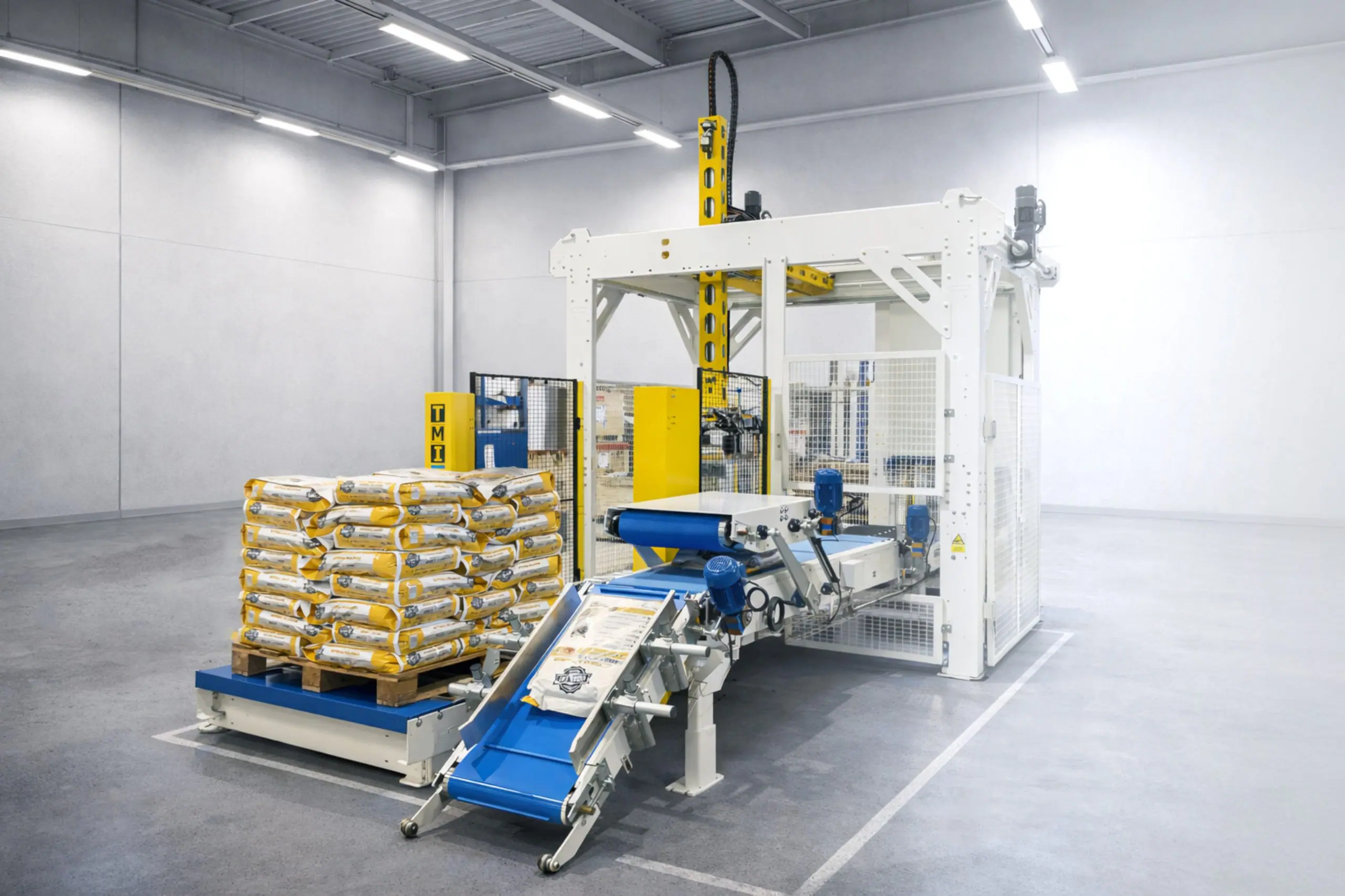 TMI compact palletising system supplied by USS Pactech for automated bag palletising in a modern industrial facility